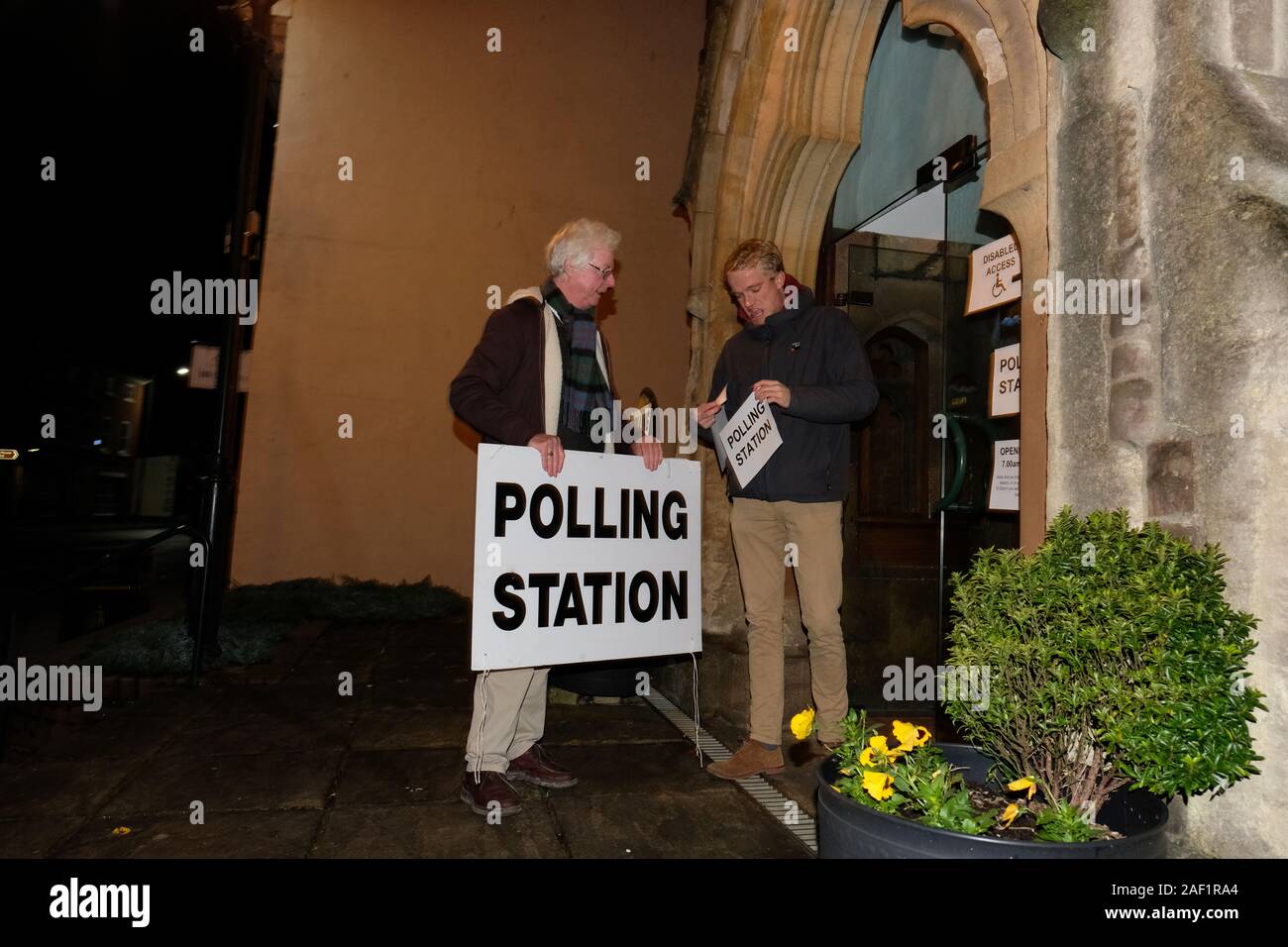 Hereford, Herefordshire, UK - Thursday 12th December 2019 - UK Election - Polling Station officials preparing a church in Hereford on a cold dark and wet winter morning just prior to the 7AM opening to voters. Photo Steven May / Alamy Live News Stock Photo