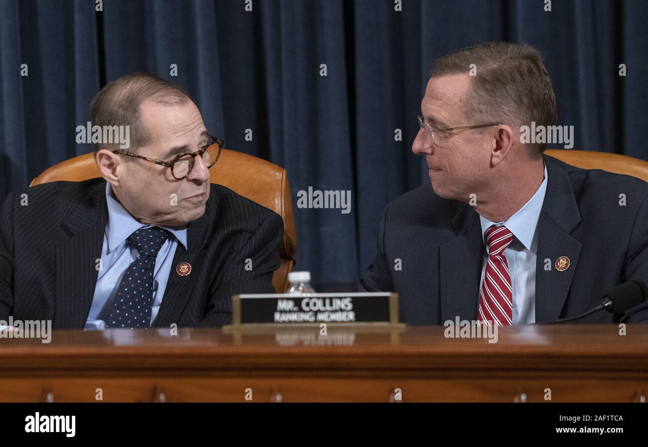 December 11, 2019, Washington, District of Columbia, USA: United States Representative Jerrold Nadler (Democrat of New York), Chairman, US House Judiciary Committee, left, and US Representative Doug Collins (Republican of Georgia), Ranking Member, US House Judiciary Committee, right, confer prior to hearing opening statements as the US House Committee on the Judiciary begins its markup of House Resolution 755, Articles of Impeachment Against President Donald J. Trump, in the Longworth House Office Building in Washington, DC on Wednesday, December 11, 2019 (Credit Image: © Ron Sachs/CNP via ZU Stock Photo