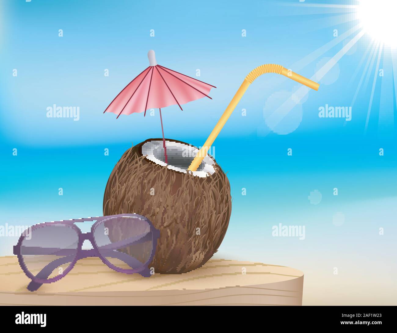 Illustration summer beach, glasses with coconut cocktail Stock Vector