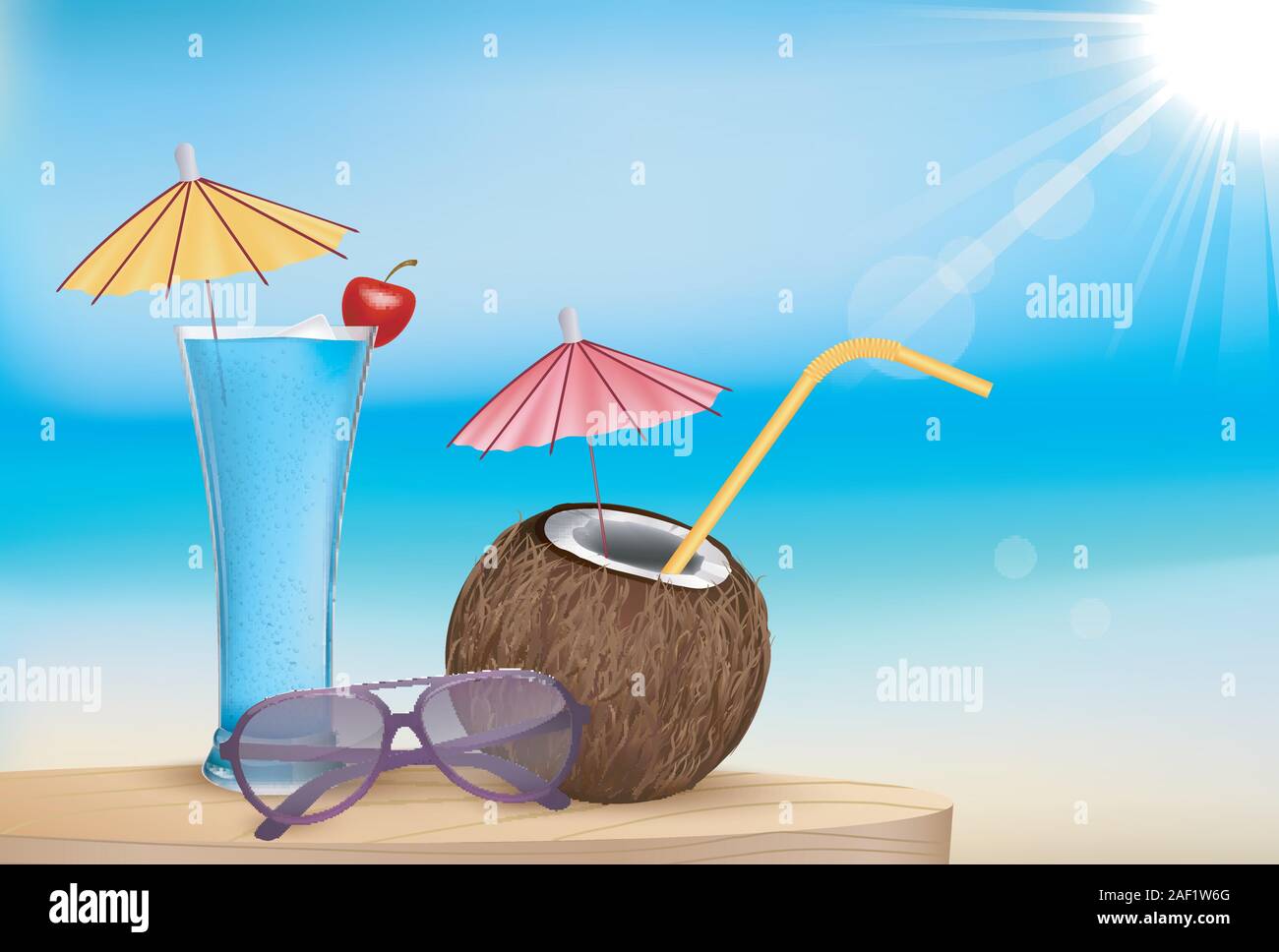 summer beach juice, glasses with young coconut Stock Vector