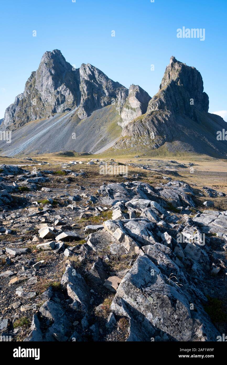Rugged mountain at Hvalnes, Iceland Stock Photo