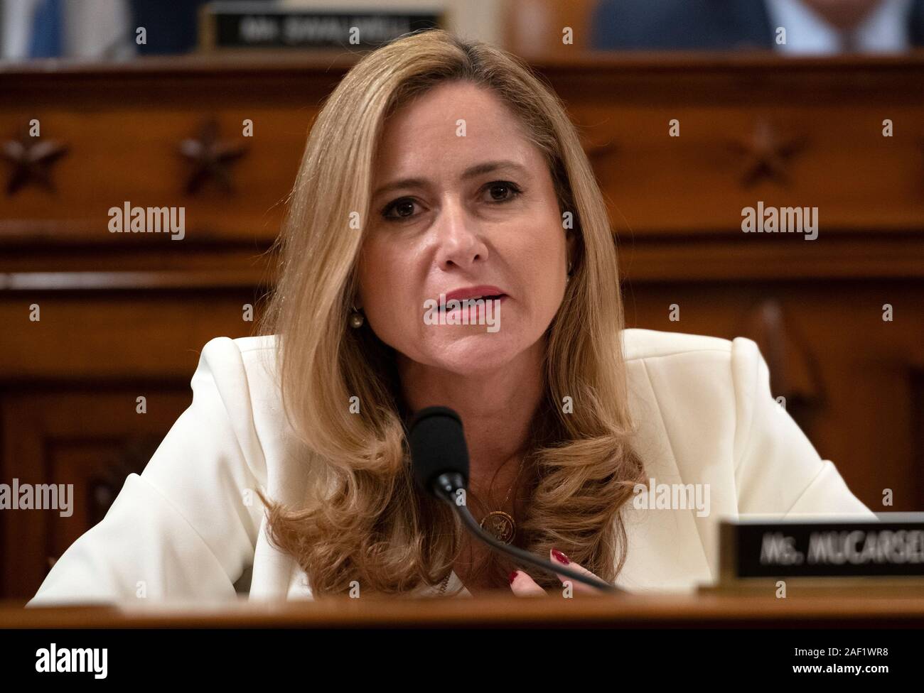 United States Representative Debbie Mucarsel-Powell (Democrat of Florida) makes an opening statement as the US House Committee on the Judiciary begins its markup of House Resolution 755, Articles of Impeachment Against President Donald J. Trump, in the Longworth House Office Building in Washington, DC on Wednesday, December 11, 2019.Credit: Ron Sachs/CNP | usage worldwide Stock Photo