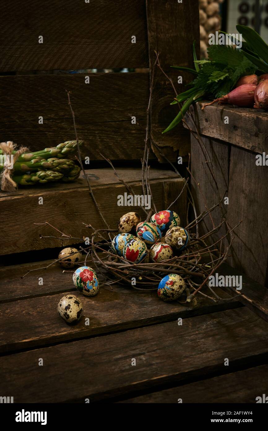 Easter eggs in twig nest Stock Photo