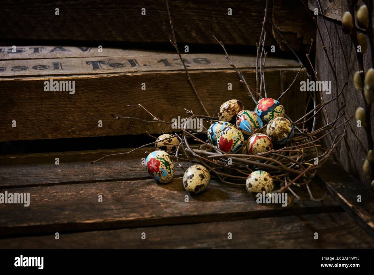 Easter eggs in twig nest Stock Photo