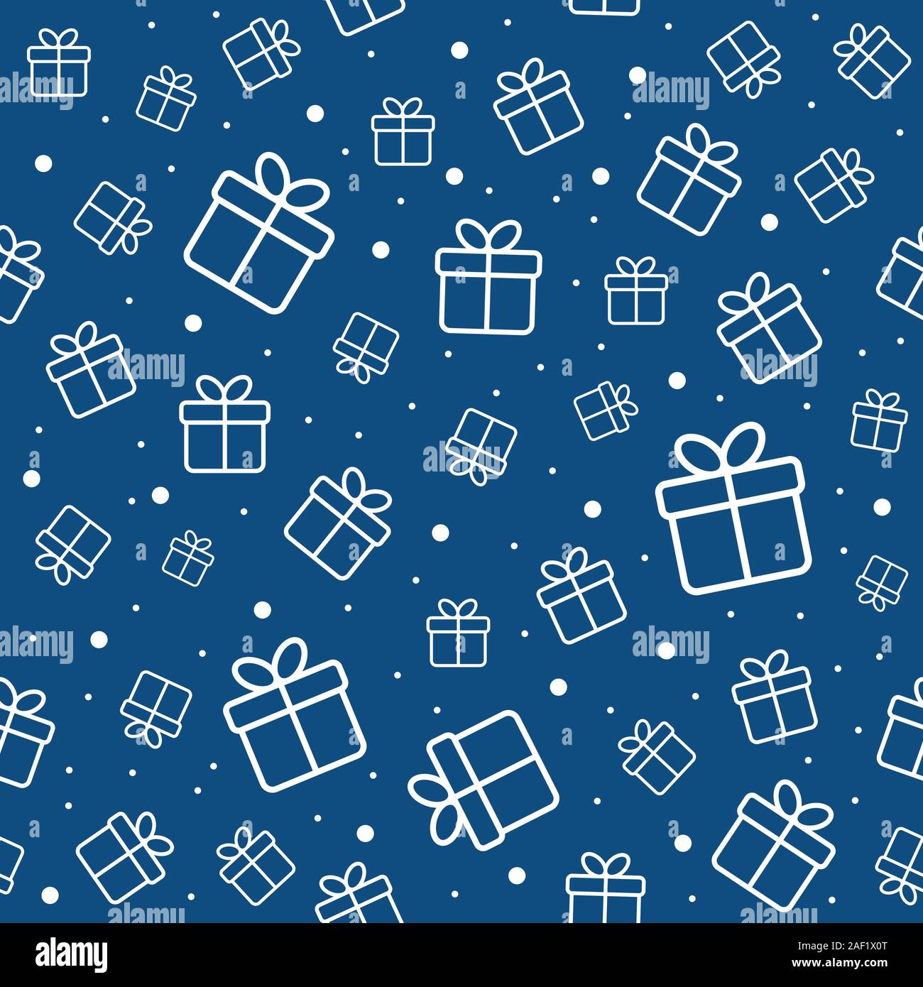 Gift boxes and snow. Vector seamless pattern. Classic blue trendy color. Minimal background for wrapping paper Stock Vector