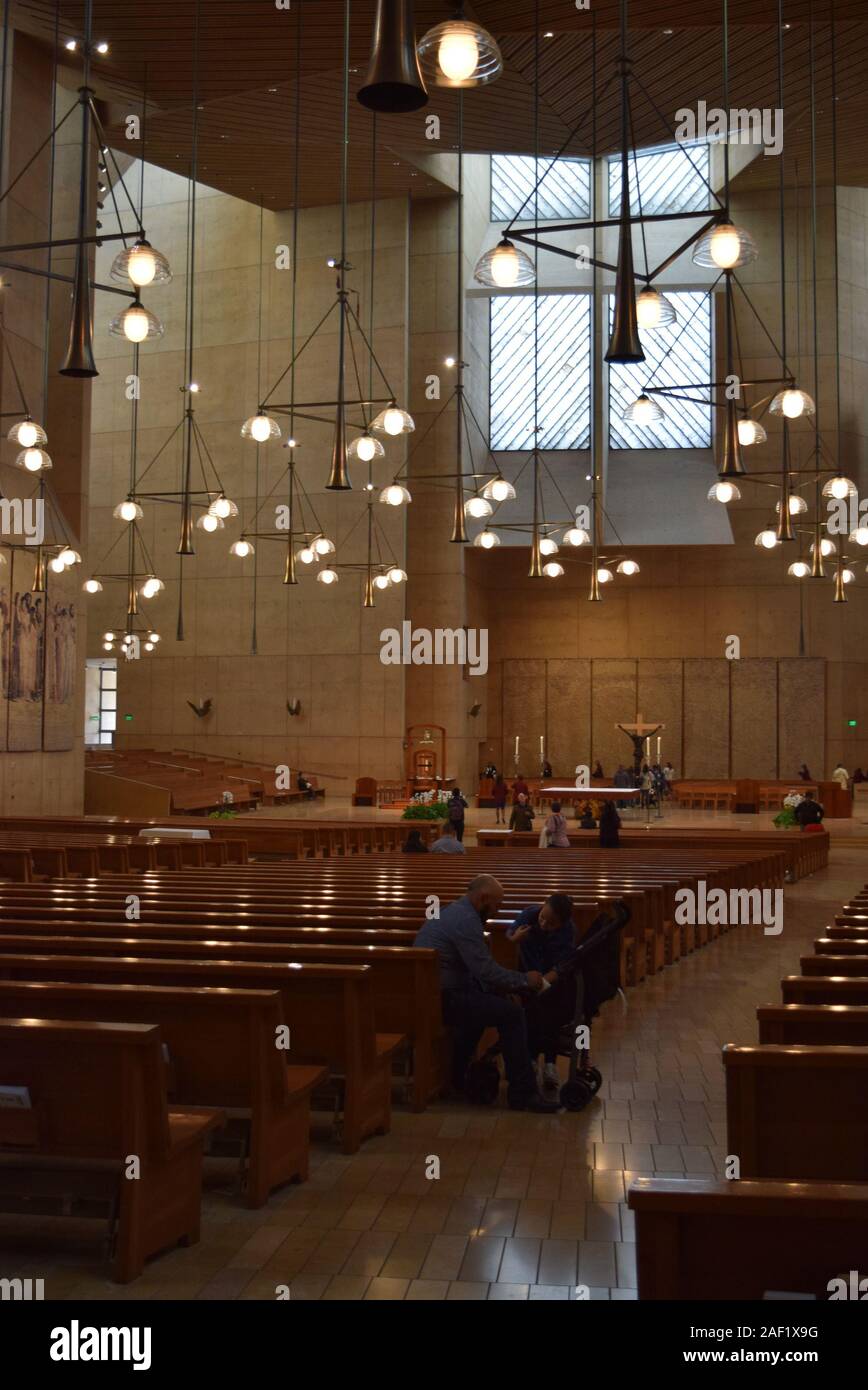 Interior and main altar space of the Cathedral of Our Lady of the Angels. Designed by Spanish architect Rafael Moneo. Stock Photo