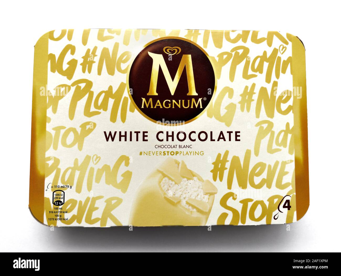 Magnum white chocolate ice cream bars pack of 4, white background Stock Photo