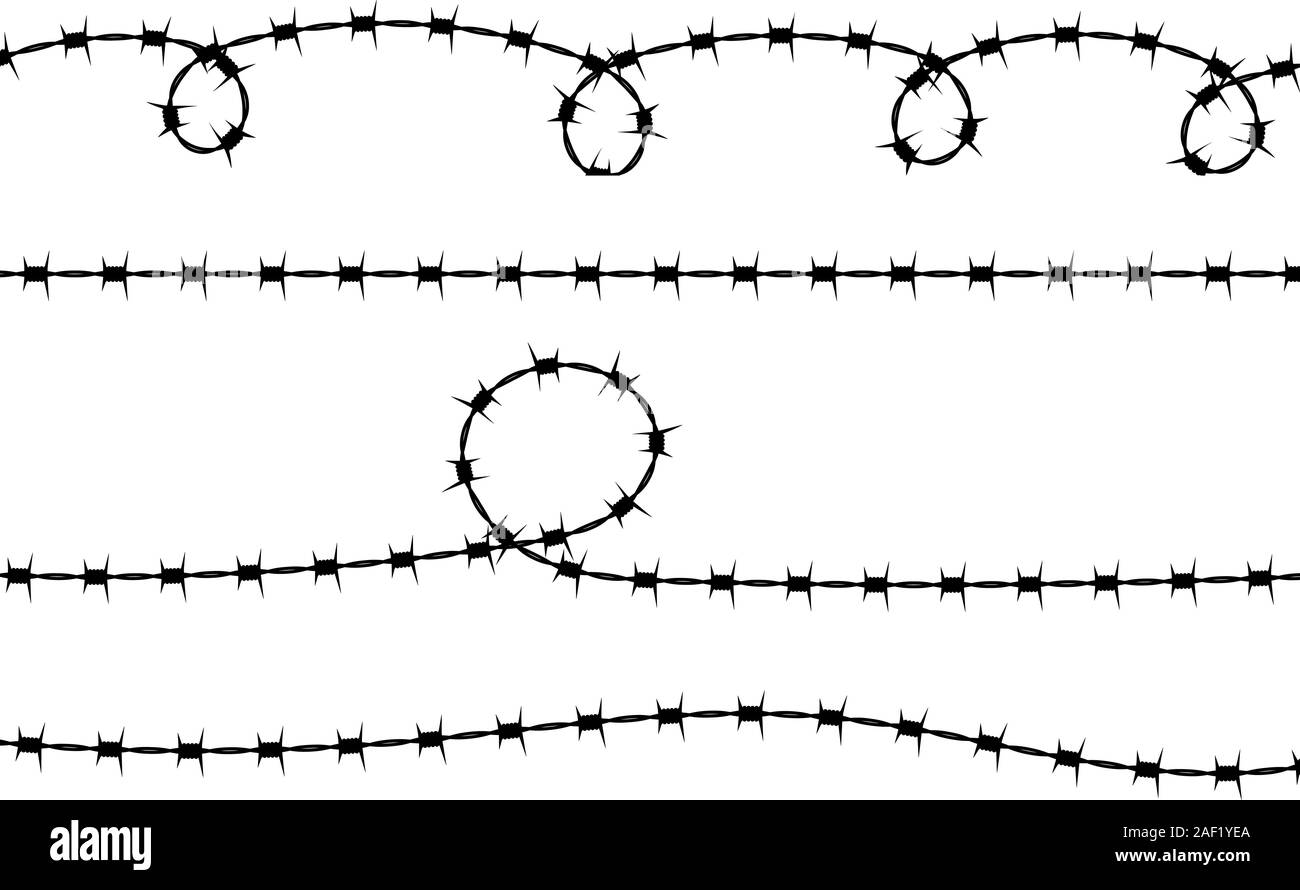 Barbed wire seamless pattern. Black set of designs on white background Stock Vector