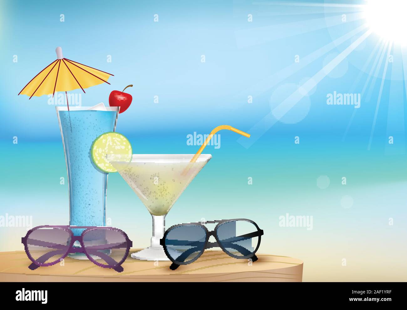 Illustration of Summer beach with juice and glasses Stock Vector