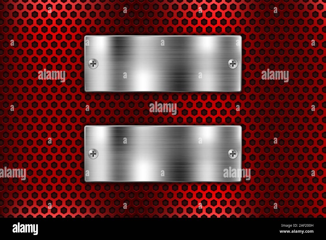 Metal shields on red perforated background Stock Vector