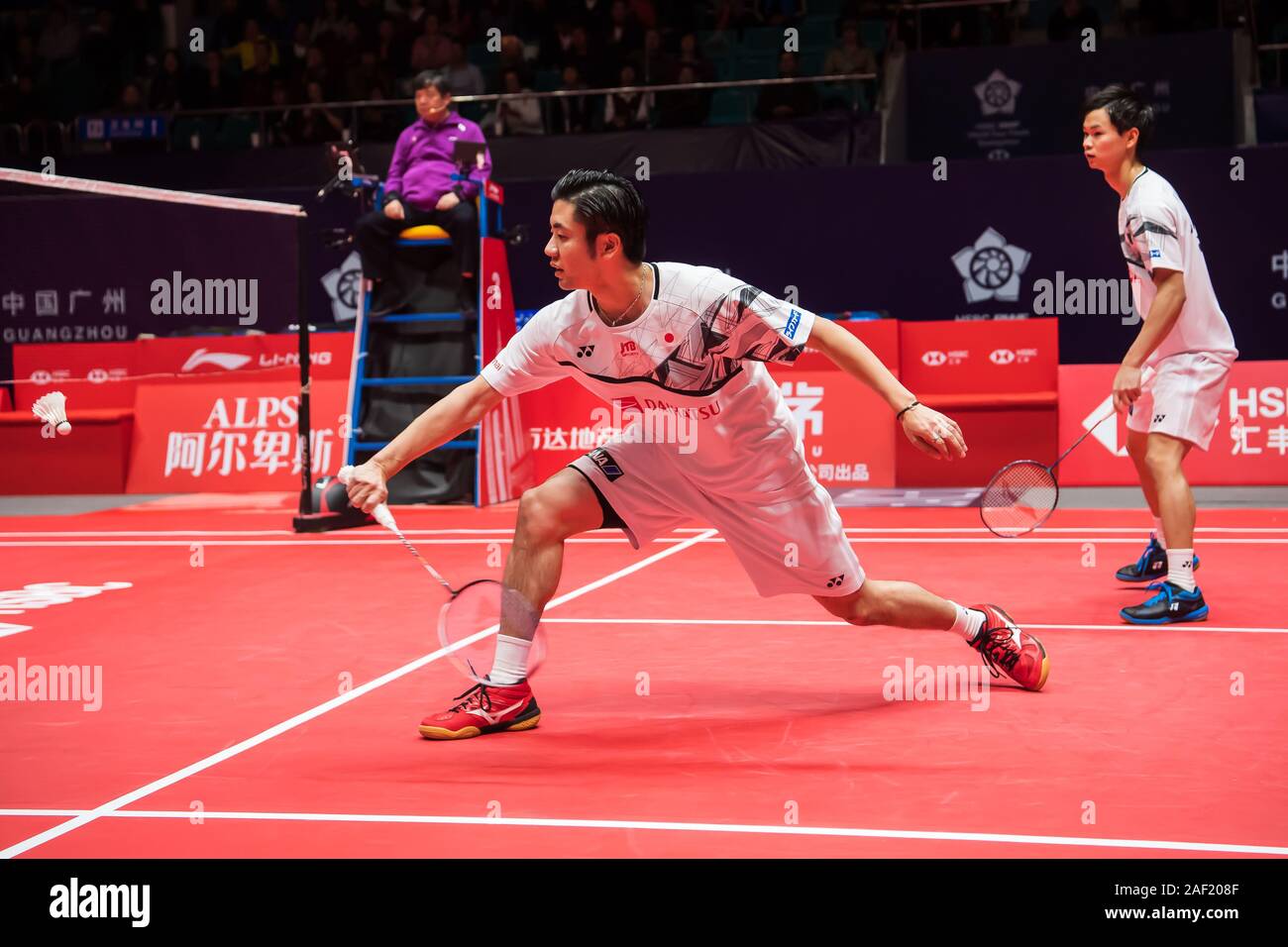 Japanese professional badminton players Hiroyuki Endo and Yuta Watanabe compete against Japanese professional badminton players Keigo Sonoda and Takeshi Kamura at the group stage of mens doubles at HSBC BWF World Tour