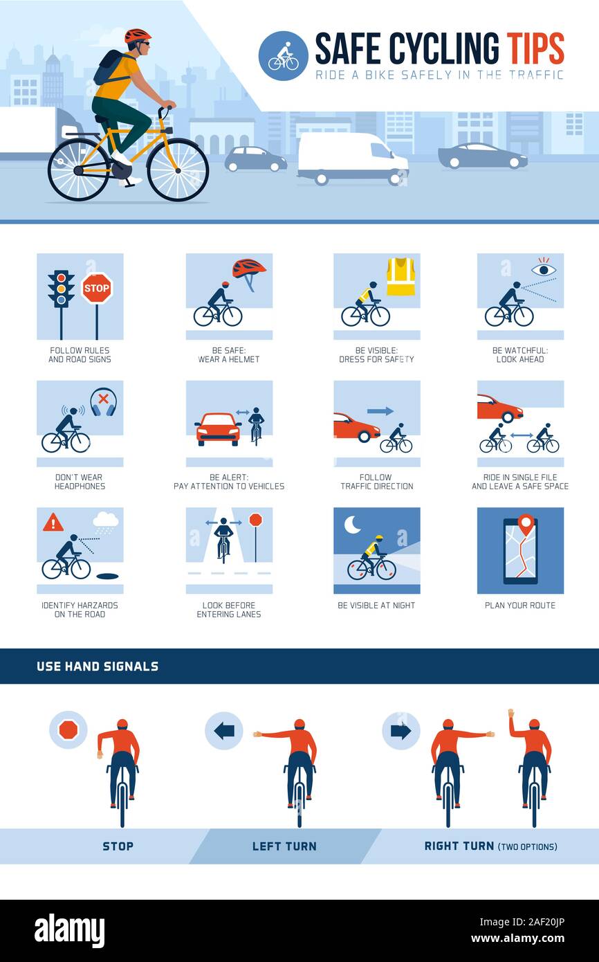 Safe cycling tips for riding safely in the city street an traffic and hand signals, vector infographic Stock Vector