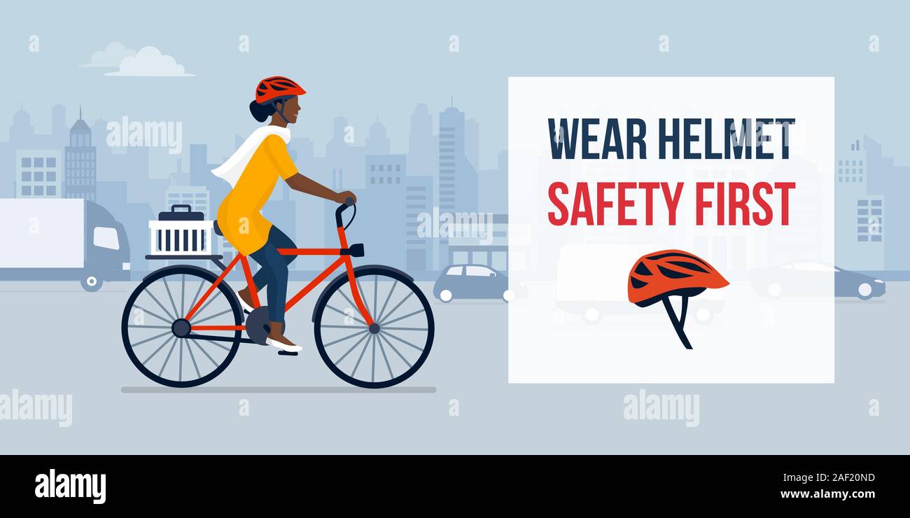 Wear helmet when riding a bike, woman cycling in the city street wearing a helmet, safety concept Stock Vector