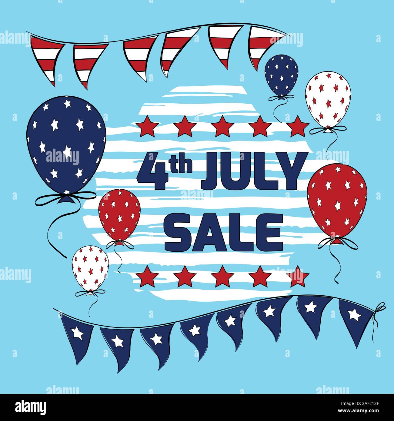 4th July sale banner vector design with patriotic party flags on string. American Independence