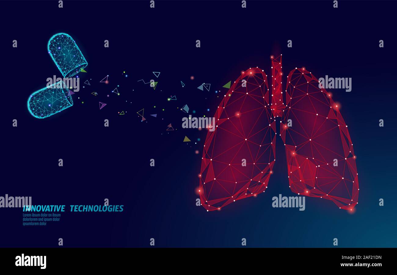 3D human lungs medicine treatment concept. Respiratory virus infection cancep danger. Pill capsule drug therapy tuberculosis hospital poster template Stock Vector