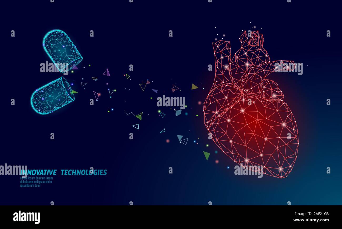 3D medicine heart medicine treatment. Human health diagnostics vascular organ system pill vitamins. Cardiology heart protect concept. Low poly vector Stock Vector