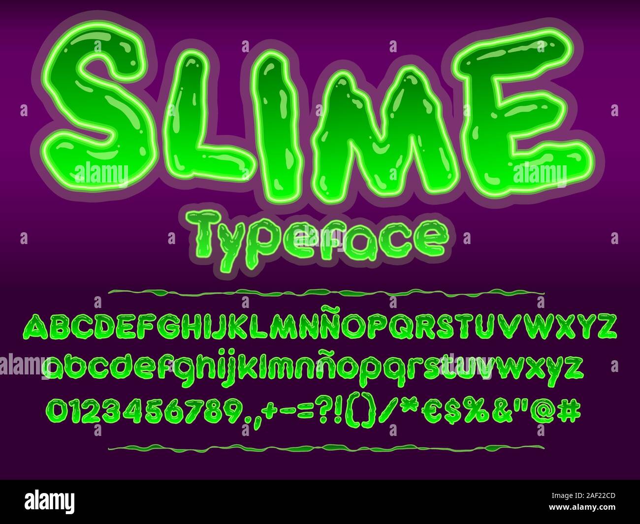 Green glowing toxic slime font. Halloween letters illustration. Vector alphabet with numbers and glyphs. Stock Vector