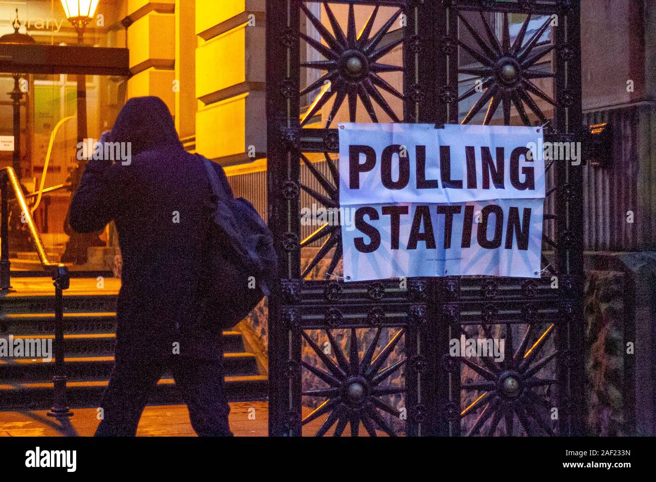 Preston, Lancashire. UK Weather; 12th December, 2019  Early morning voters arrive at The Harris Museum, Art Gallery to register their votes in the General Election.  Credit: MediaWorldImages/AlamyLiveNews Stock Photo