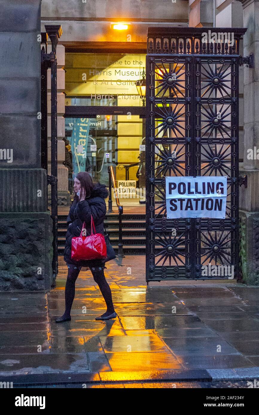 Preston, Lancashire. UK Weather; 12th December, 2019  Early morning voters arrive at The Harris Museum, Art Gallery to register their votes in the General Election.  Credit: MediaWorldImages/AlamyLiveNews Stock Photo