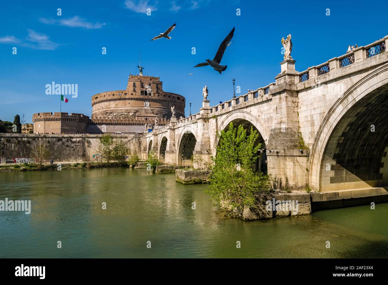 The Castle of the Holy Angel, Castel Sant'Angelo and the bridge Ponte Sant'Angelo, seen across the river Tiber Stock Photo