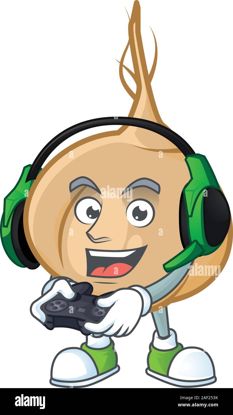 Gamer jicama cartoon character with headphone and controller Stock Vector