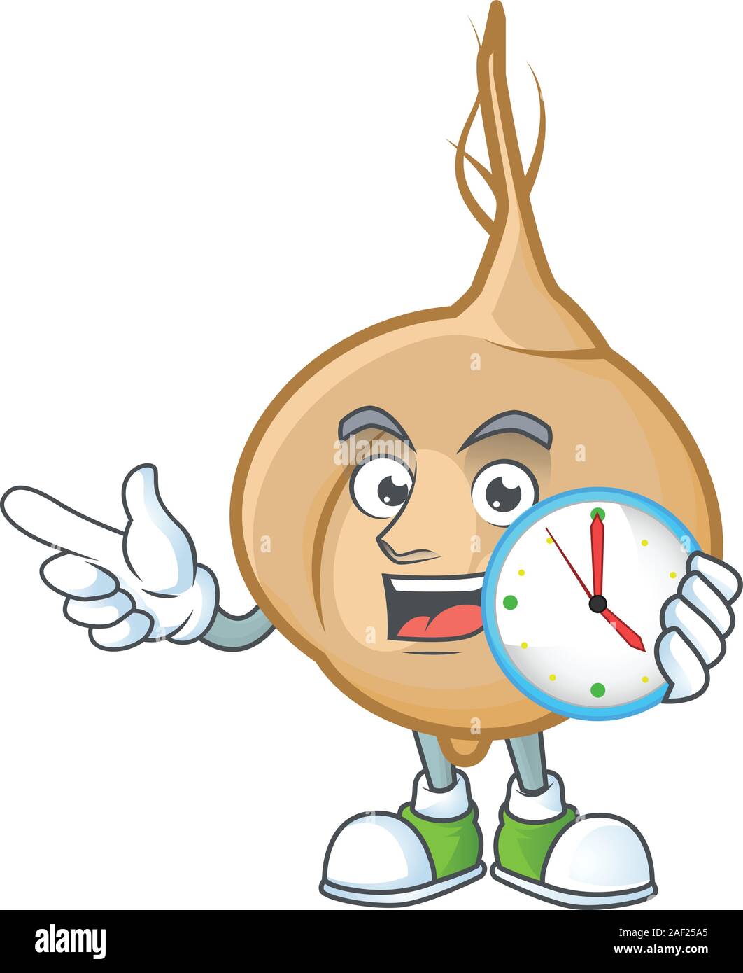 With clock smiling jicama cartoon mascot style Stock Vector