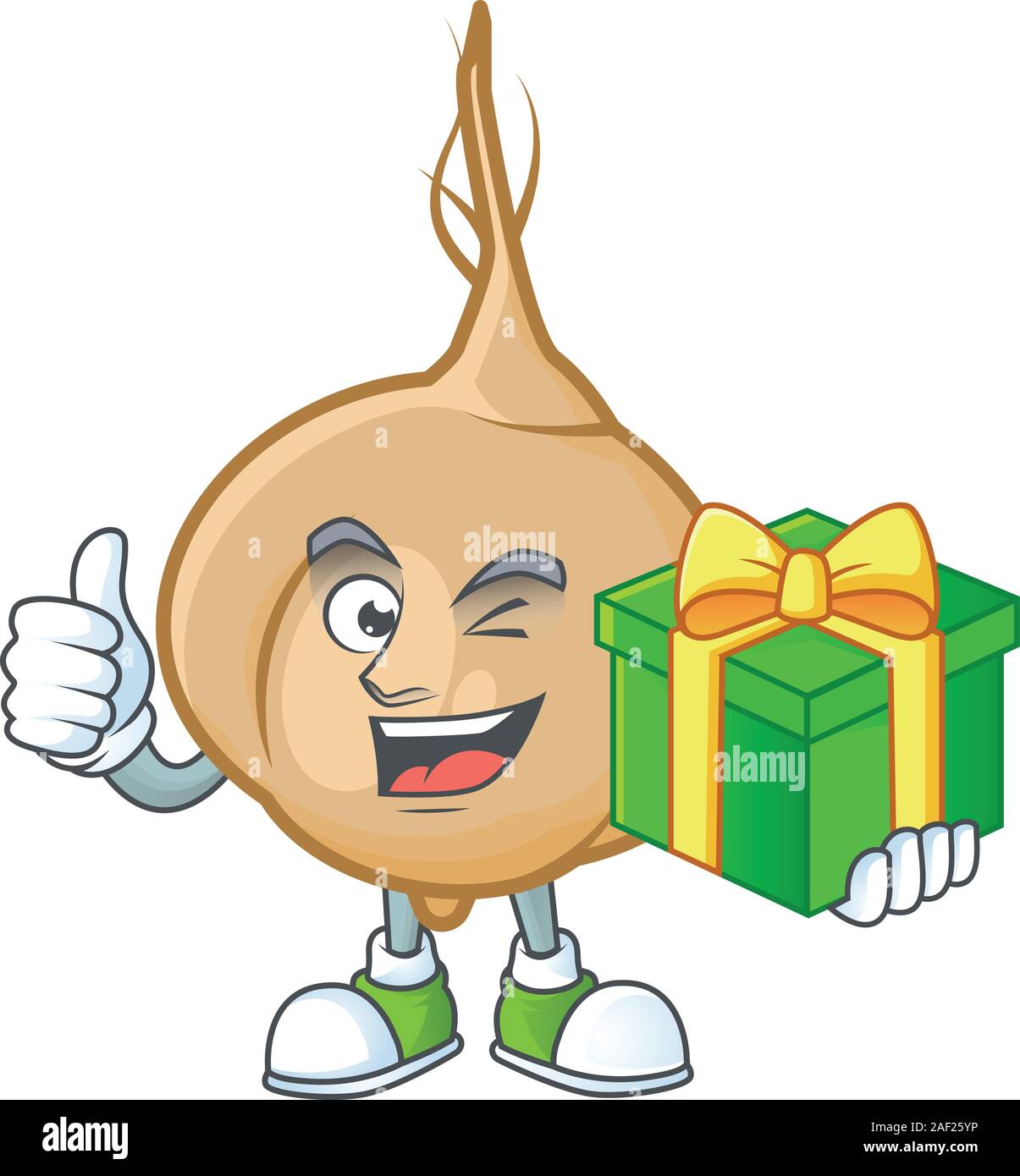 cartoon character of happy jicama with gift box Stock Vector