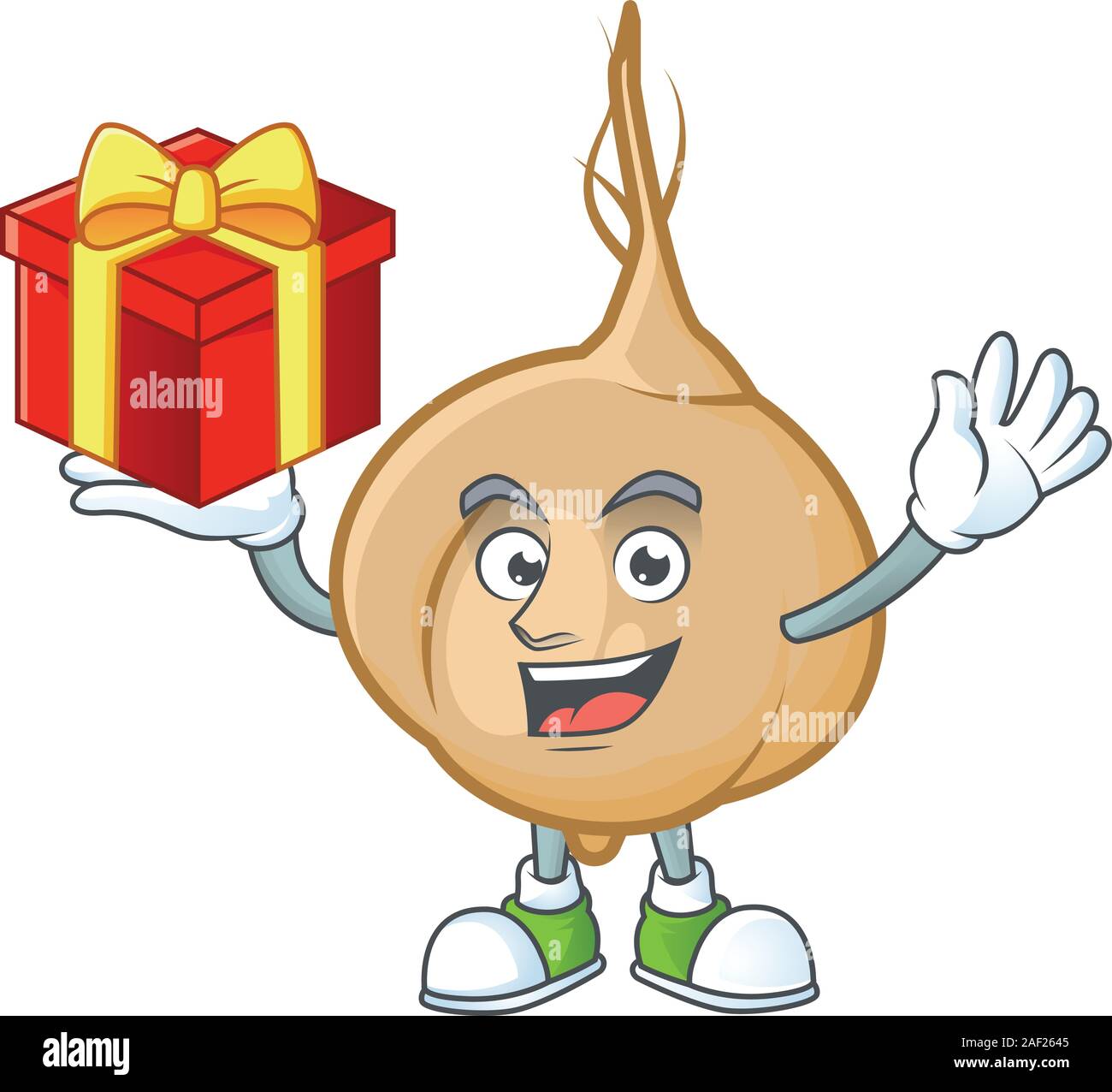 Mascot of jicama character up a gift Stock Vector