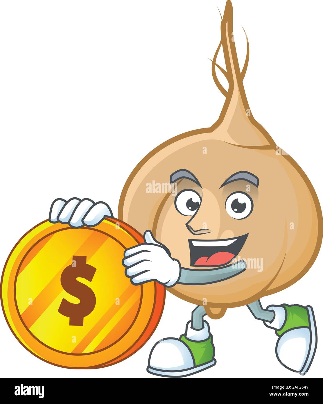 happy jicama cartoon character with gold coin Stock Vector