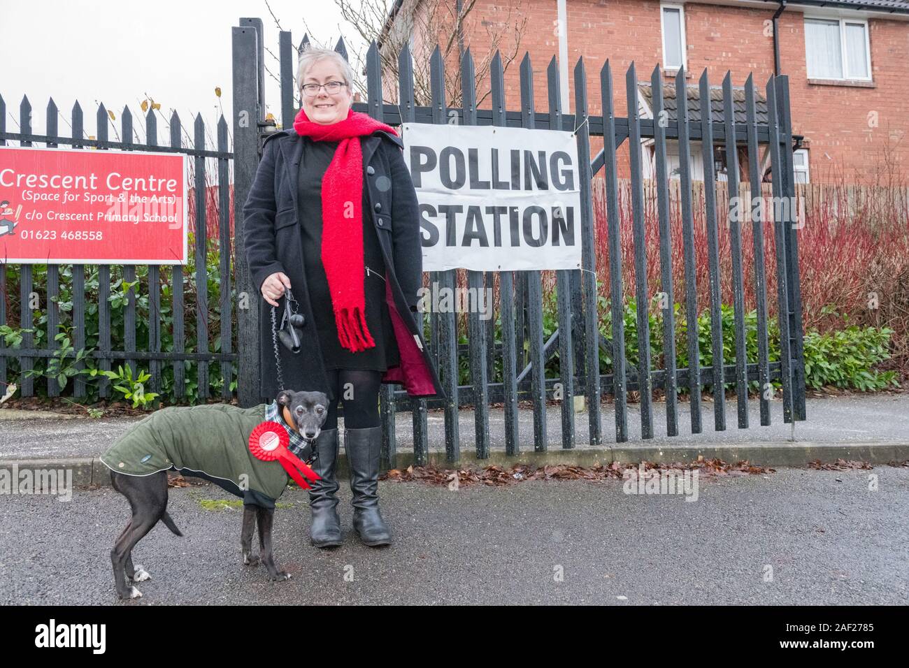 Mansfield, Nottinghamshire, England, UK. 12th. December, 2019. Labour Party Parliamentary Candidate for Mansfield Sonya Ward with her pet whippet sets out early in the rain to cast her vote at the polling station. This Parliamentary seat which was won by Ben Bradley for the Conservative Party by a close margin of 1,057 votes is one of the key battle grounds between the two main parties in the 12th. December General Election, especially now that the Brexit Party are not contesting this seat. Credit: AlanBeastall/Alamy Live News Stock Photo