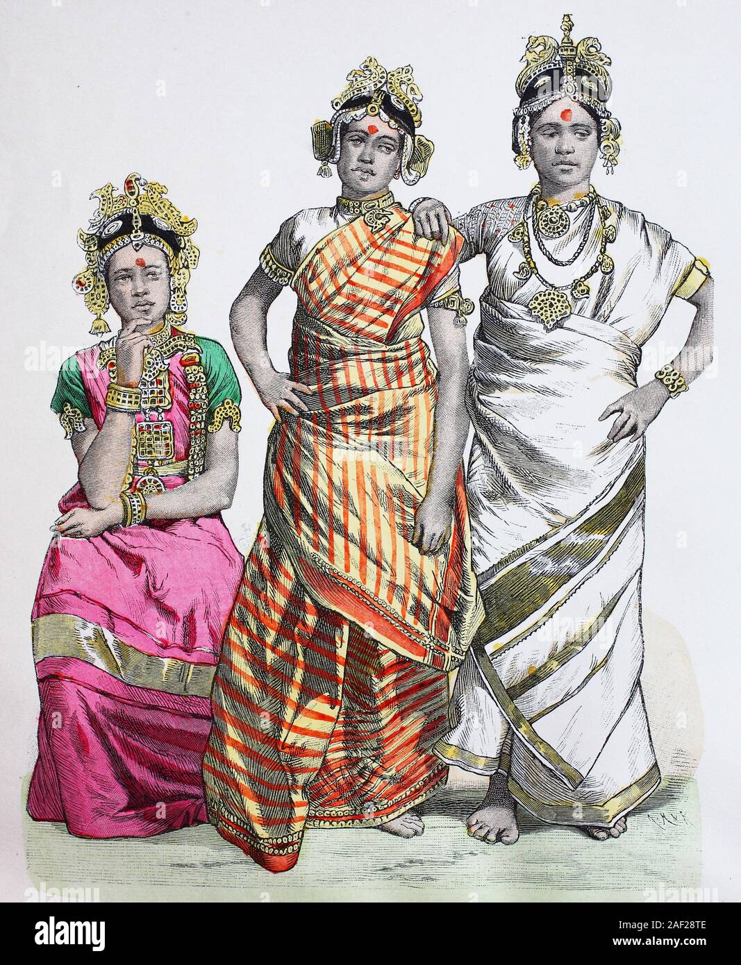 National costume, clothes, history of the costumes, actresses from Jaffna,  South of India, in 1885, Volkstracht, Kleidung, Geschichte der Kostüme,  Schauspielerinnen aus Jaffna, Südindien, 1885 Stock Photo - Alamy