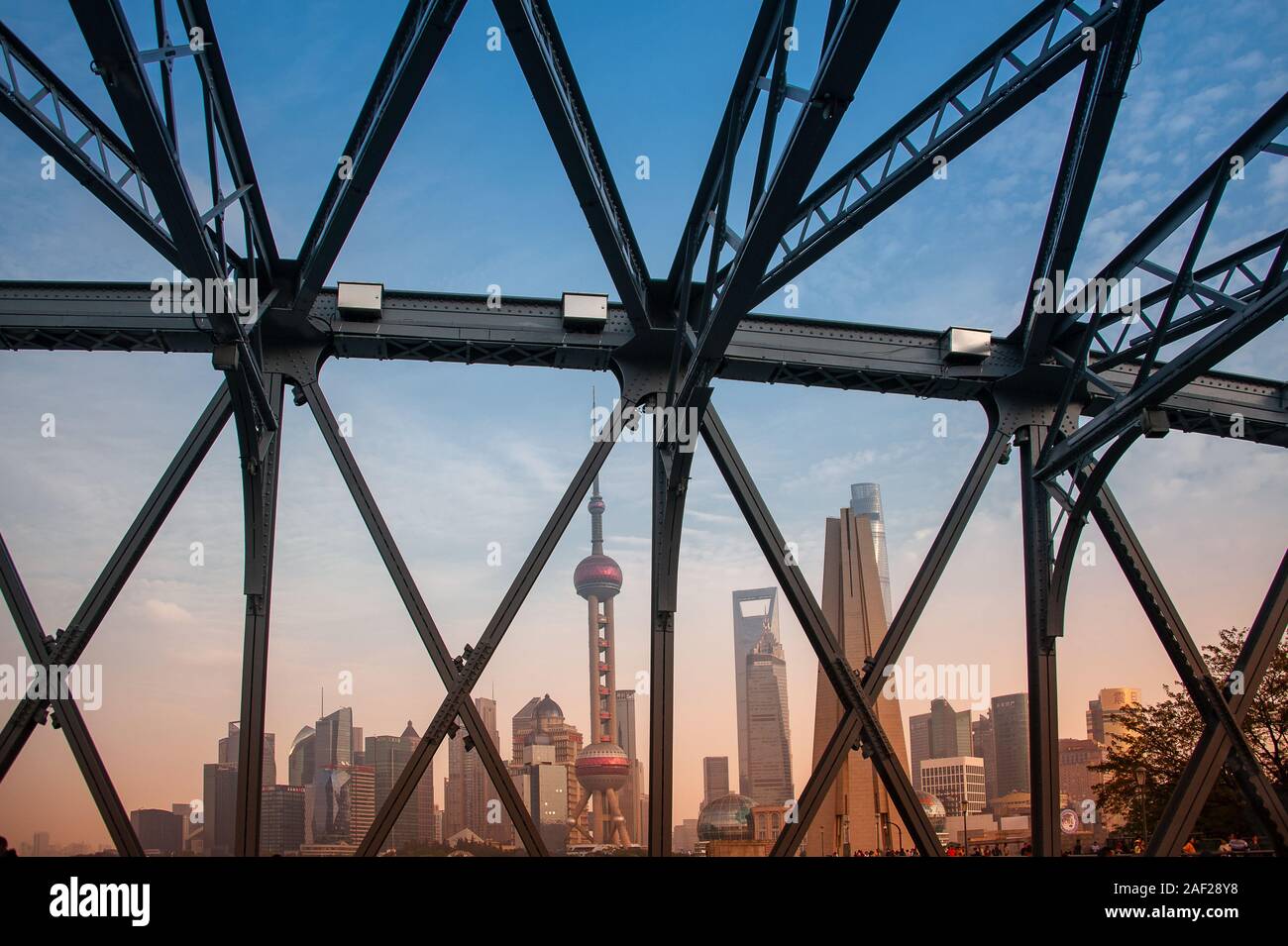 Shanghai, China - November 2019: View to the iconic Pudong skyline from the Waibaidu Bridge Stock Photo