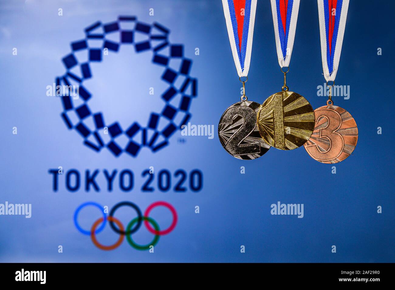 Olympic game 2020, Tokyo, Japan. Logo of the game and gold silver and bronze medal. Stock Photo