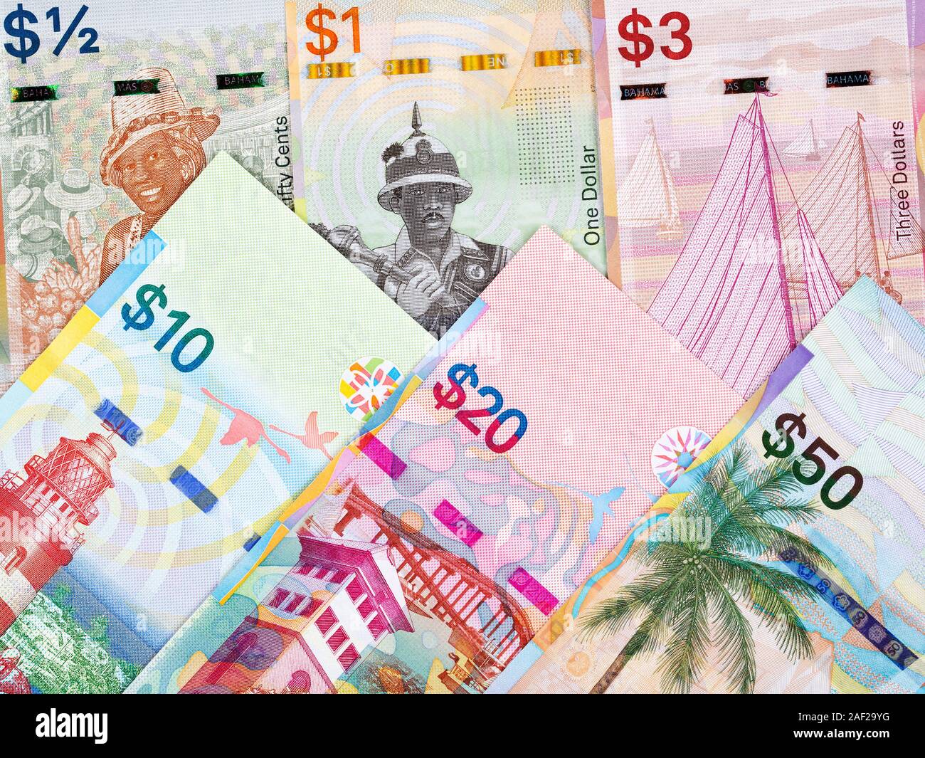 Bahamian dollar a business background with new series of banknotes