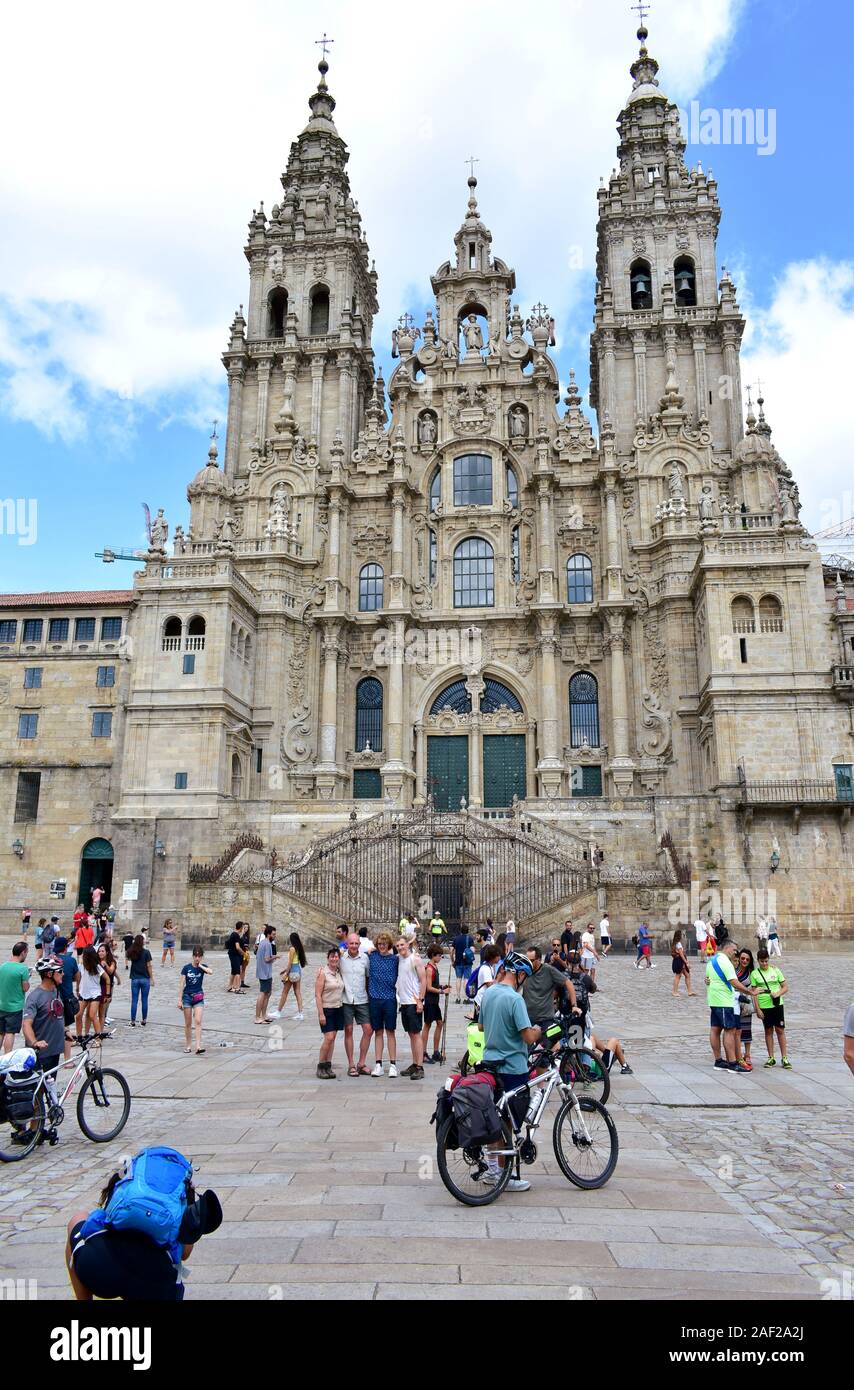 Pilgrims taking pictures in front of Cathedral at Praza do Obradoiro. Santiago de Compostela, Spain. Aug 4, 2019. Stock Photo