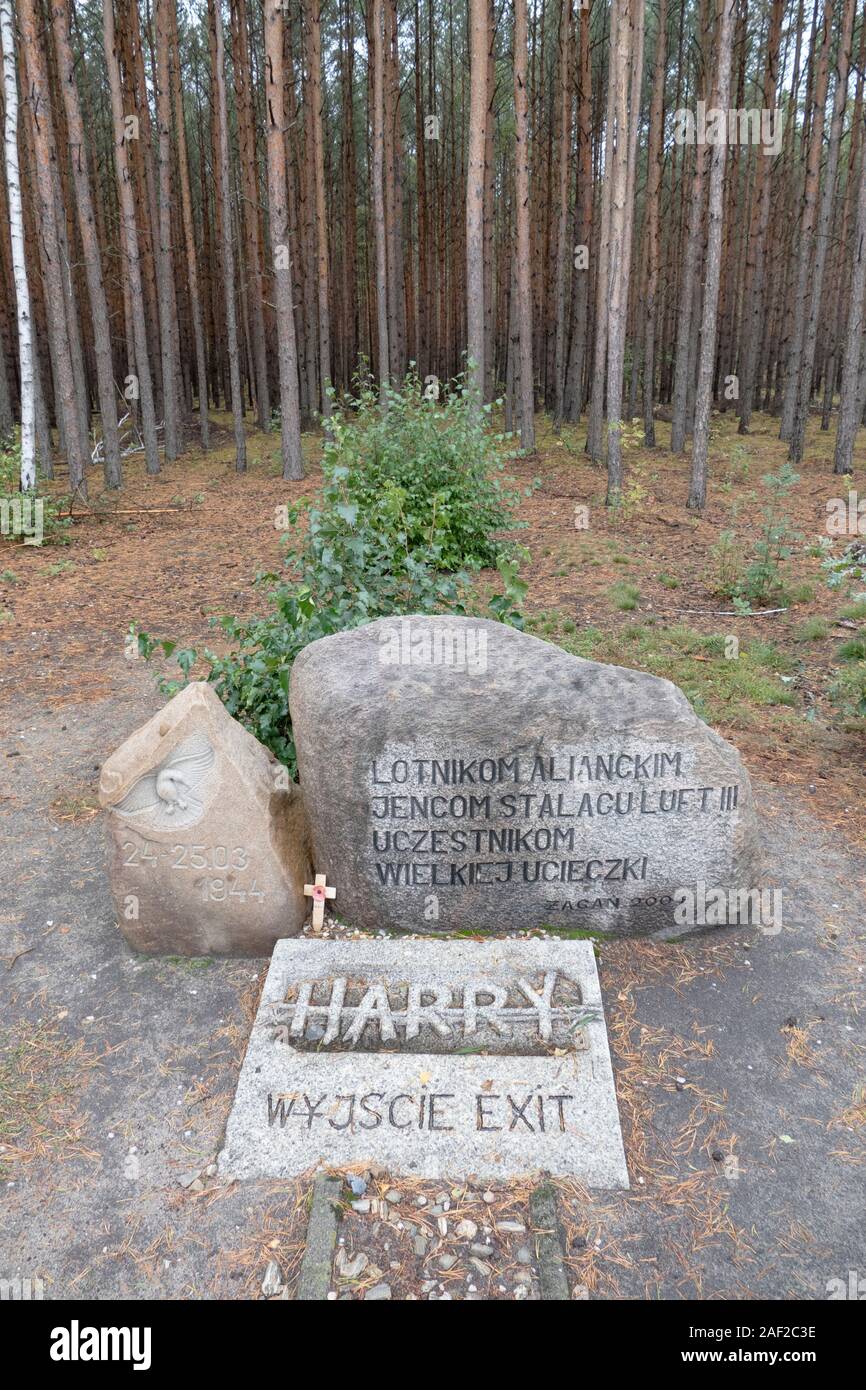 Guard tower and route of the Harry tunnel of the famous Great Escape 1944. 76 men escaped through the tunnel on 25th March 1944. Stalag Luft III - Sta Stock Photo