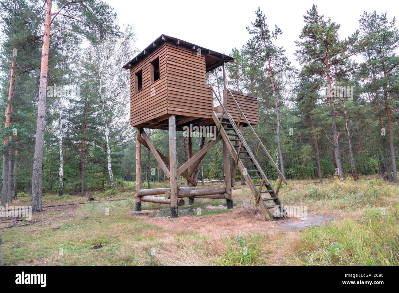Guard tower and route of the Harry tunnel of the famous Great Escape 1944. 76 men escaped through the tunnel on 25th March 1944. Stalag Luft III - Sta Stock Photo