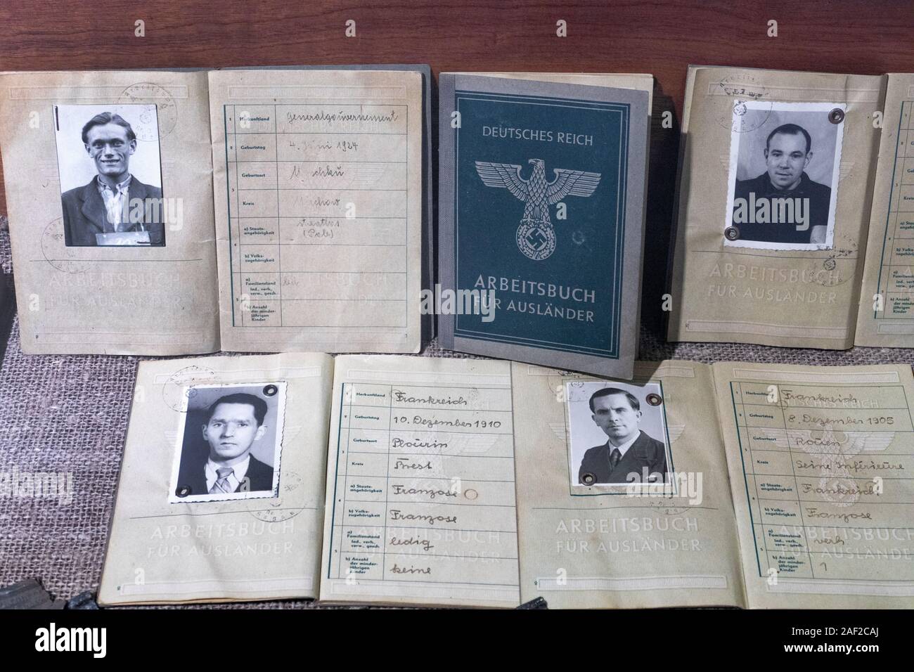 Travel documents forged by allied prisoners to aid their escape across Nazi occupied Europe.. Stalag Luft III - Stammlager Luft III near the Polish to Stock Photo