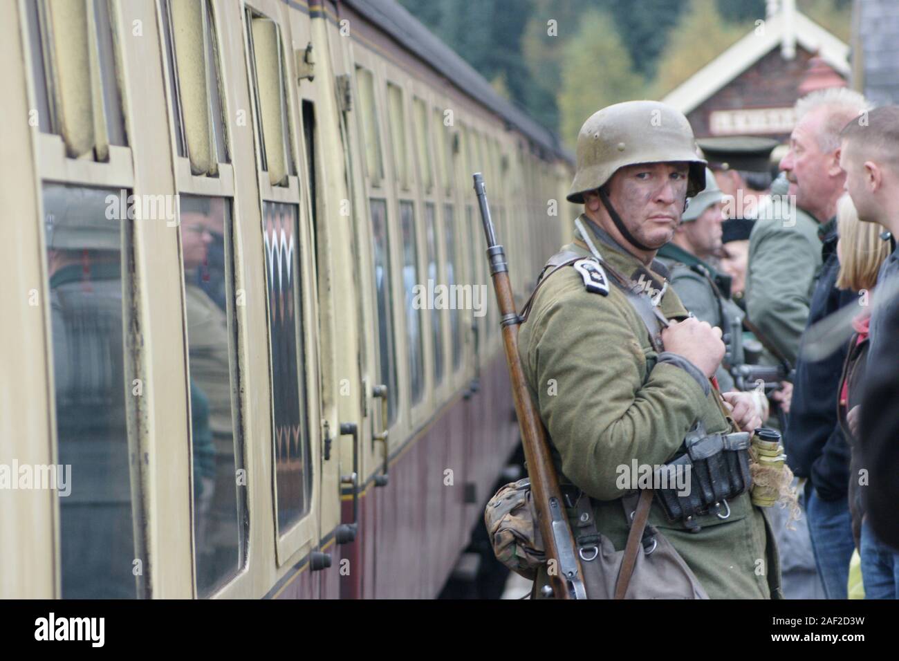 Holocaust trains, Deutsche Reichsbahn national railway, ss soldier Stock Photo