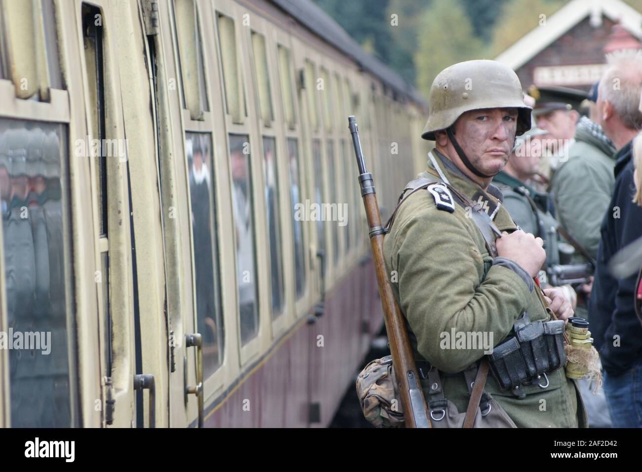 Holocaust trains, Deutsche Reichsbahn national railway, ss soldier Stock Photo