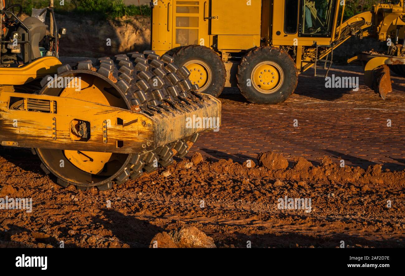 Soil compactor with vibratory padfoot drum. Heavy duty machinery