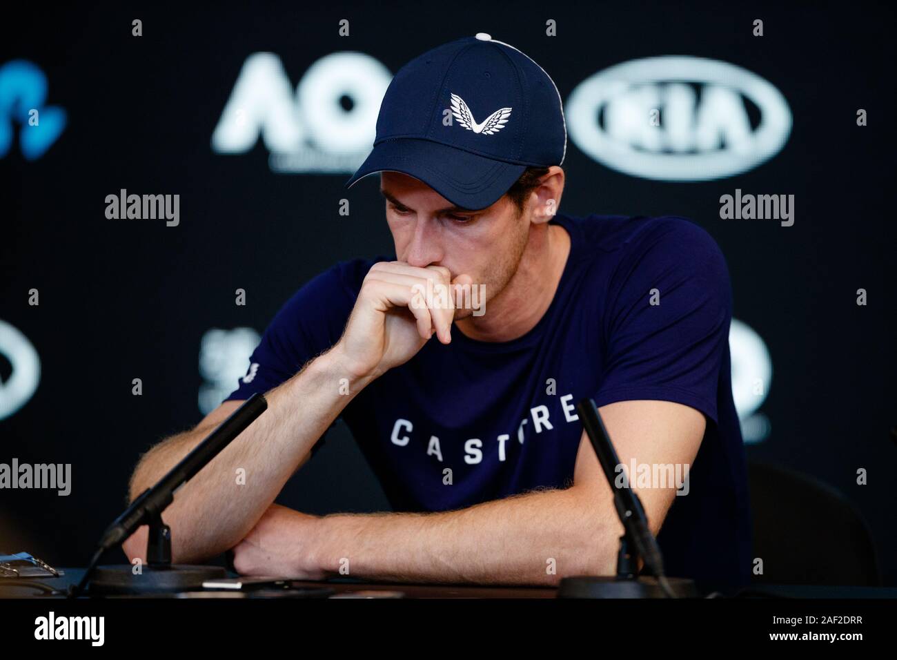 Andy Murray at the beginning of the 2019 Australian Open emotionally announces his last showing at the grand slam due to persistent injuries. Stock Photo