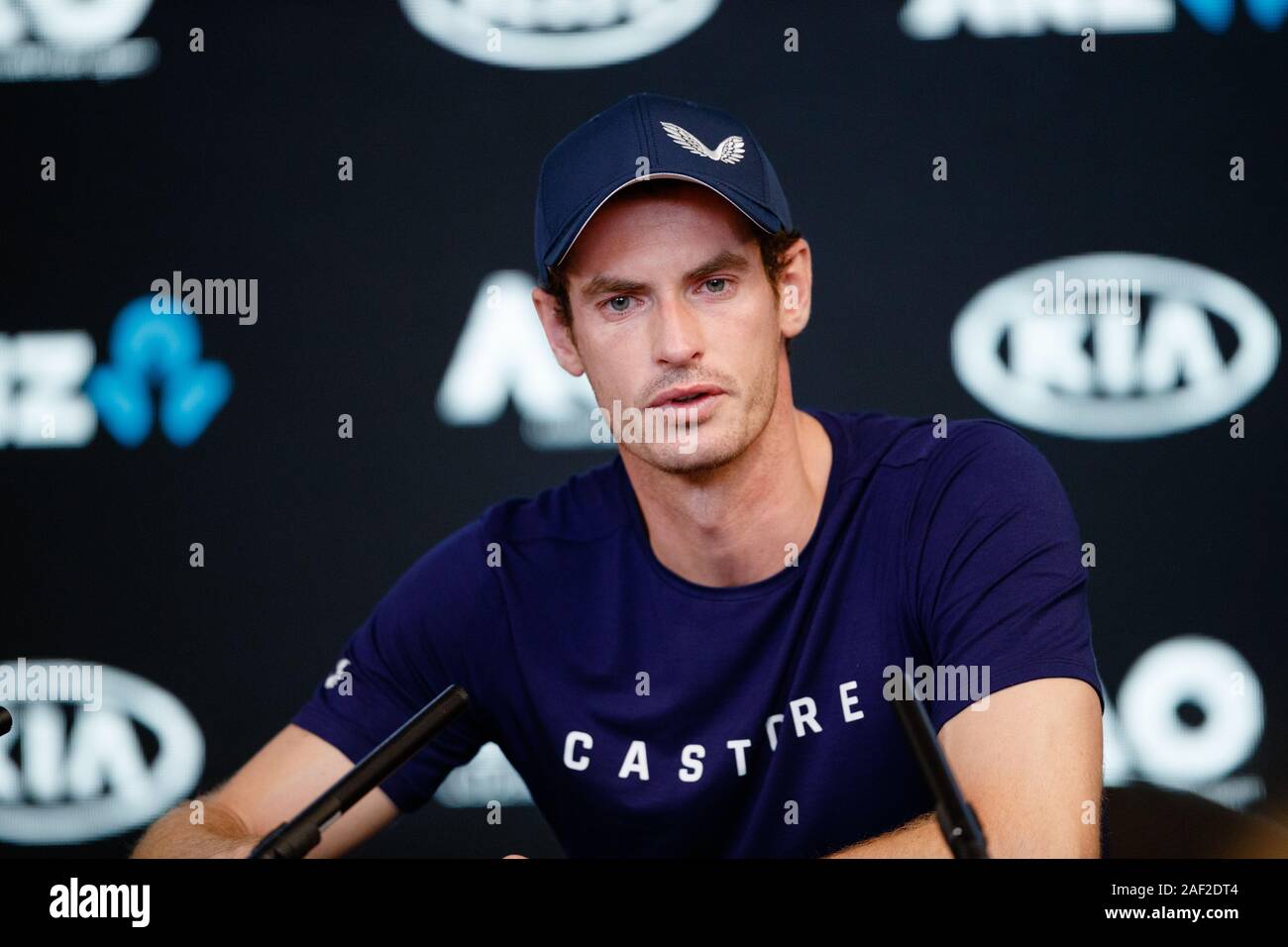 Andy Murray at the beginning of the 2019 Australian Open emotionally announces his last showing at the grand slam due to persistent injuries. Stock Photo