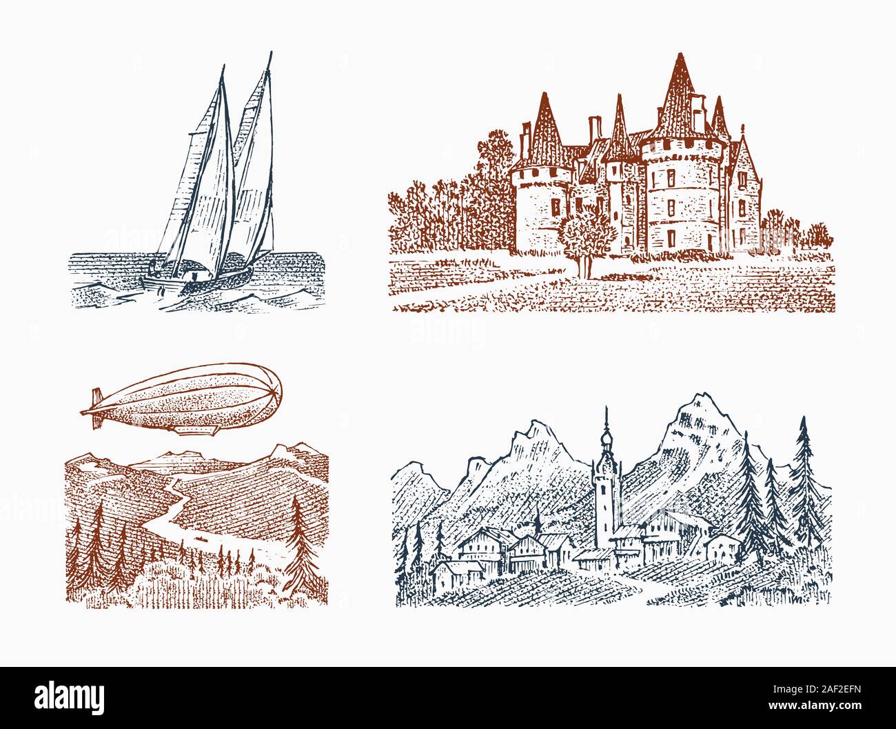 Landscape with a royal castle in the meadow. Fortress and Dirigible, Zeppelin, Mountain and sailboat. Graphic monochrome landscape. Engraved hand Stock Vector