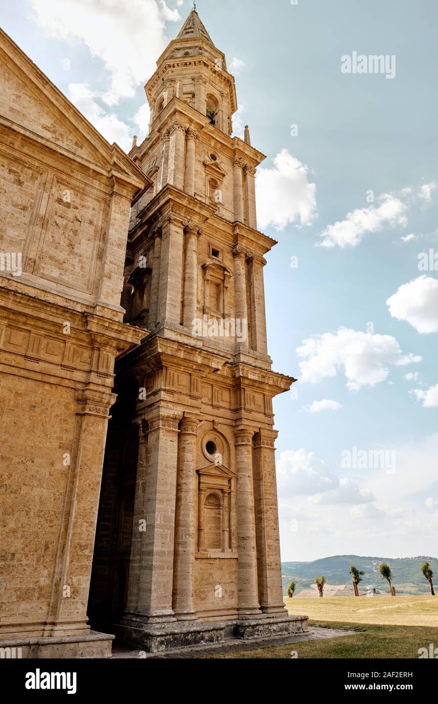 The late Renaissance bell tower architecture of San Biagio church located just outside Montepulciano in the Tuscany landscape, Italy EU Stock Photo