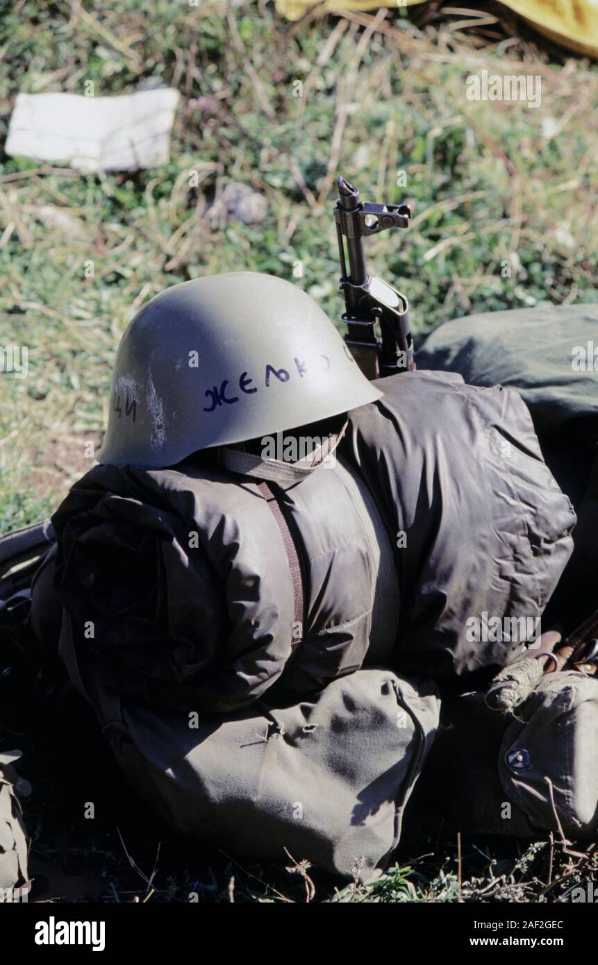 13th August 1993 During the war in Bosnia:a  BSA (Bosnian-Serb)  soldier's kit on Bjelašnica mountain. The Serbs are about to pull out under threat from NATO airstrikes. Stock Photo