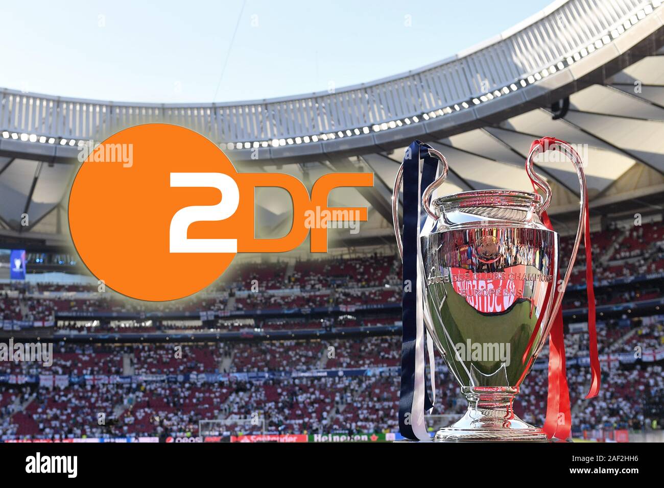 FOTOMONTAGE: Champions League Final from 2021 back on ZDF in Free TV.  Archive photo; Cup, Cup, Trophy, Objective. Football Champions League Final  2019 / Tottenham Hotspur-Liverpool FC 0-2, Season2018 / 19, at