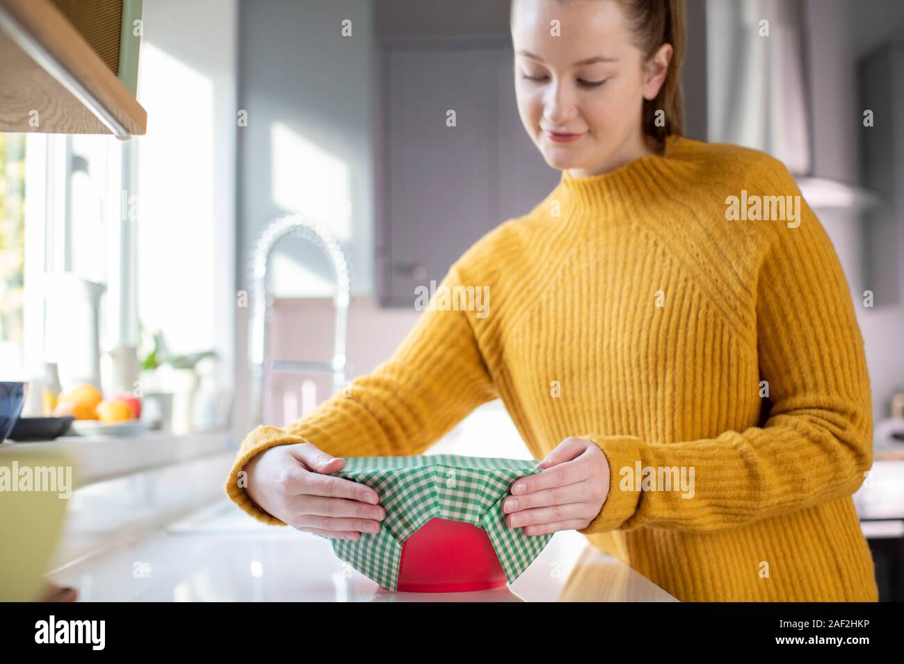 Woman Wrapping Food Bowl In Reusable Environmentally Friendly Beeswax Wrap Stock Photo