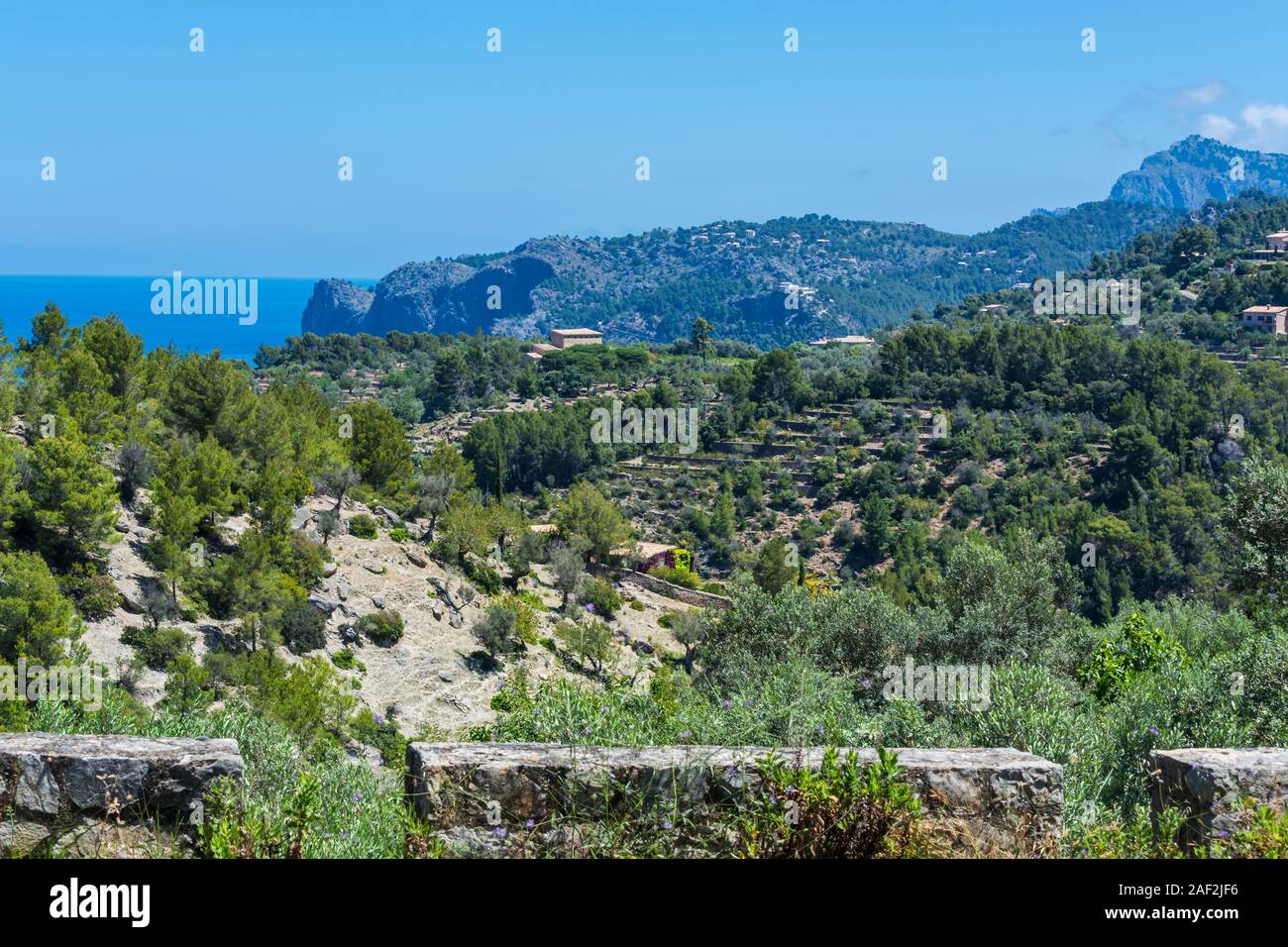 Wild West Coastline of Mallorca, Spain in the background the Mediterranean Sea. Stock Photo