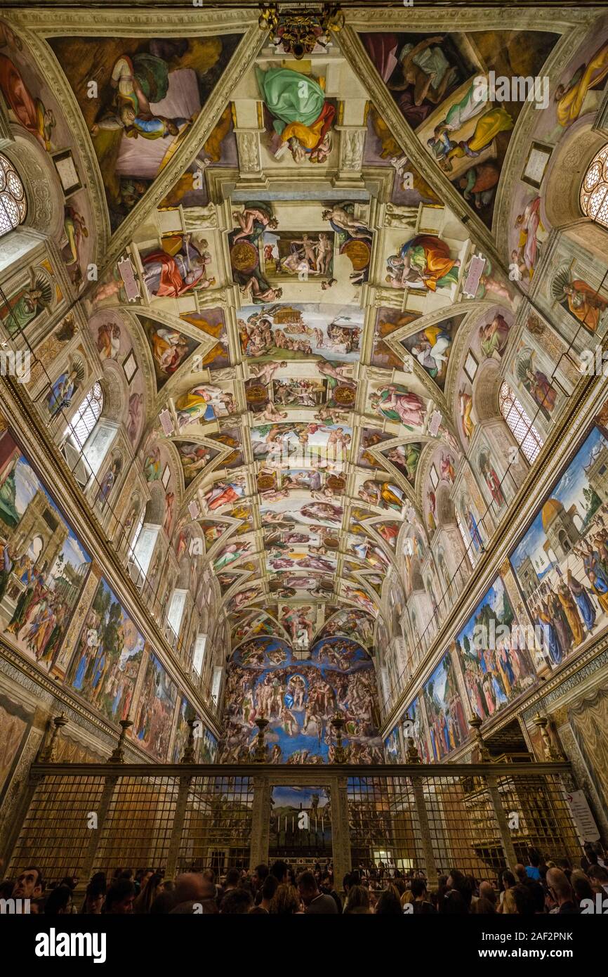 Magnificent interior of the Sistine Chapel, a chapel in the Apostolic Palace inside the Papal Basilica of St. Peter, St. Peter's Basilica Stock Photo